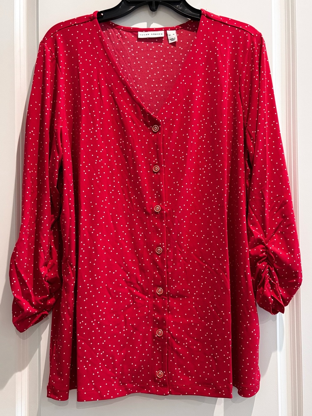 Susan Graver Red Polka Dot Button Front V-Neck Blouse Top XL NWT Lightweight
